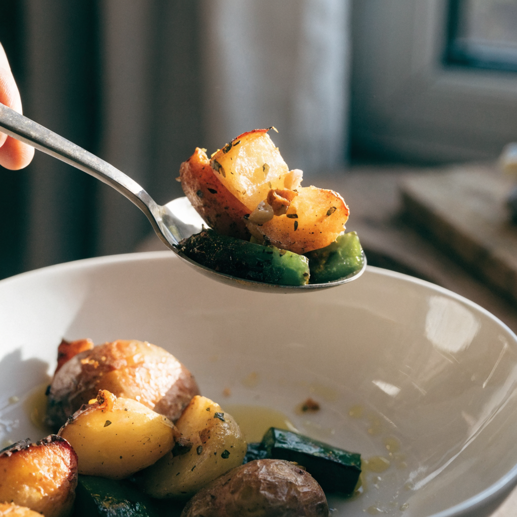 Close-up of garlic herb roasted potatoes and veggies