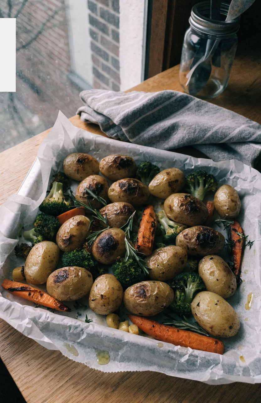 A white plate of garlic herb roasted potatoes with mixed roasted vegetables and chopped herbs