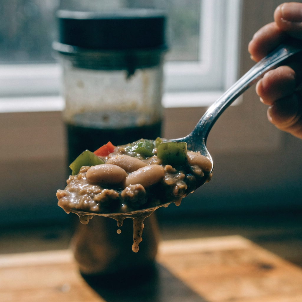 Close-up of hearty high protein stuffed pepper soup