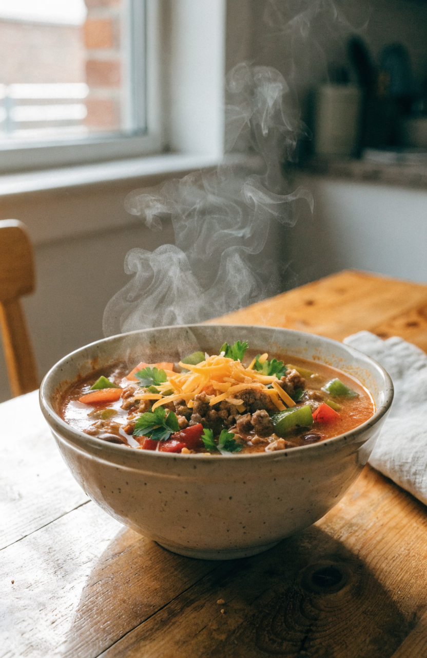 Bowl of high protein stuffed pepper soup with diced peppers and shredded cheddar