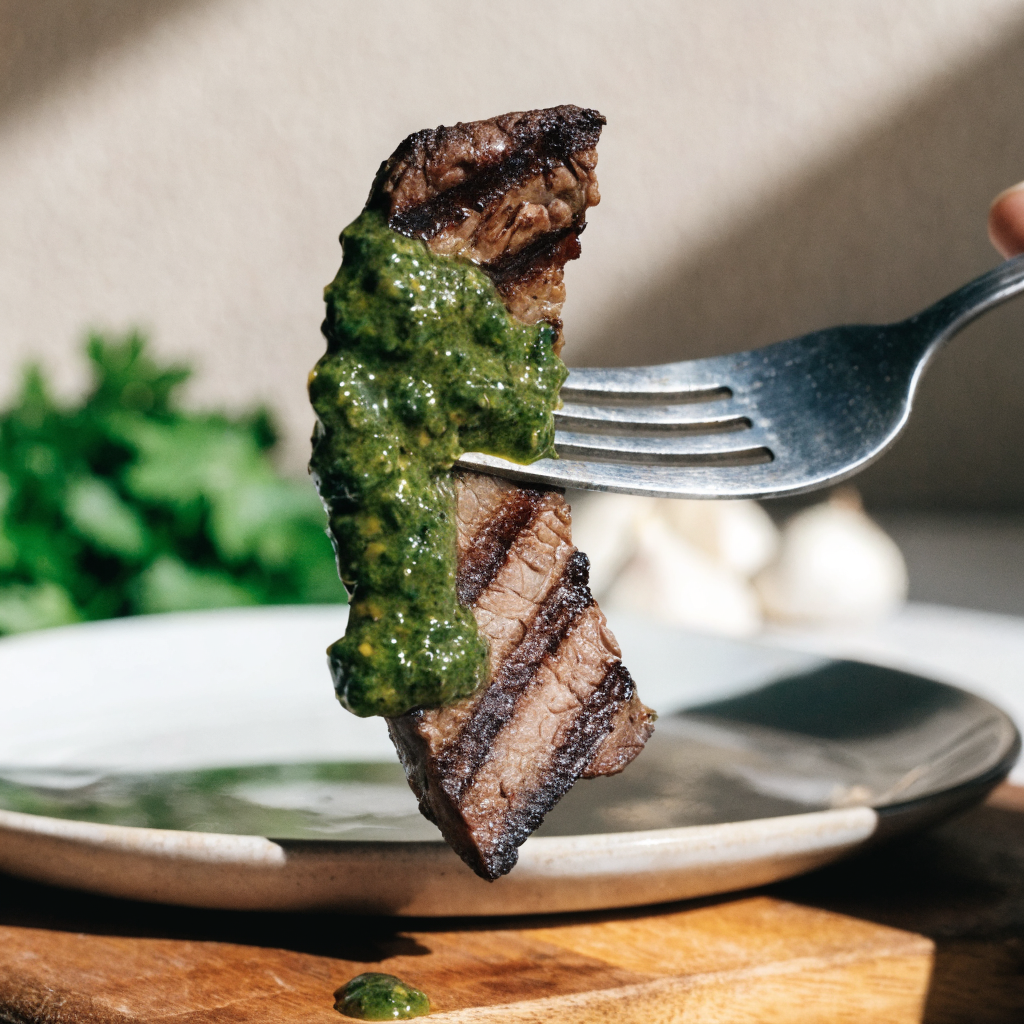 Close-up of skirt steak with make-ahead chimichurri