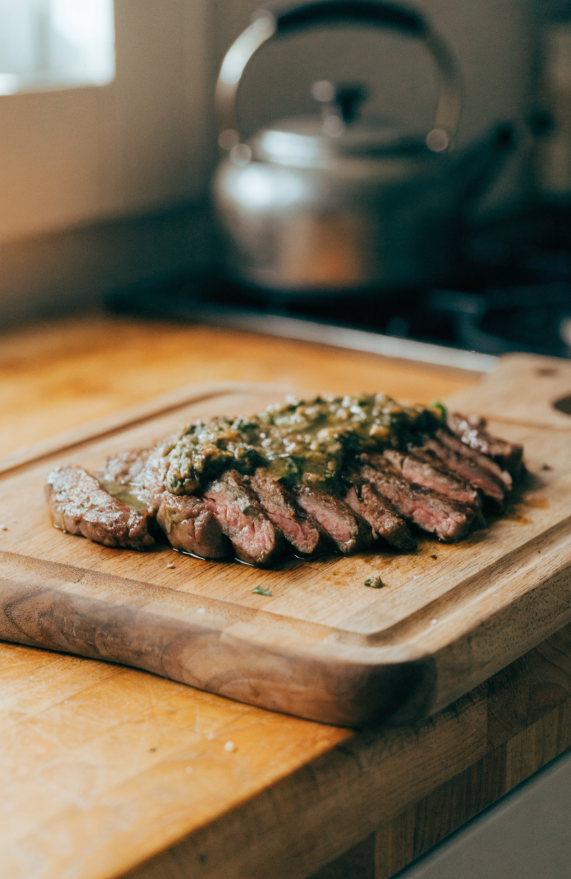 Grilled skirt steak chimichurri sliced thin on a wooden board with chimichurri spooned over the top