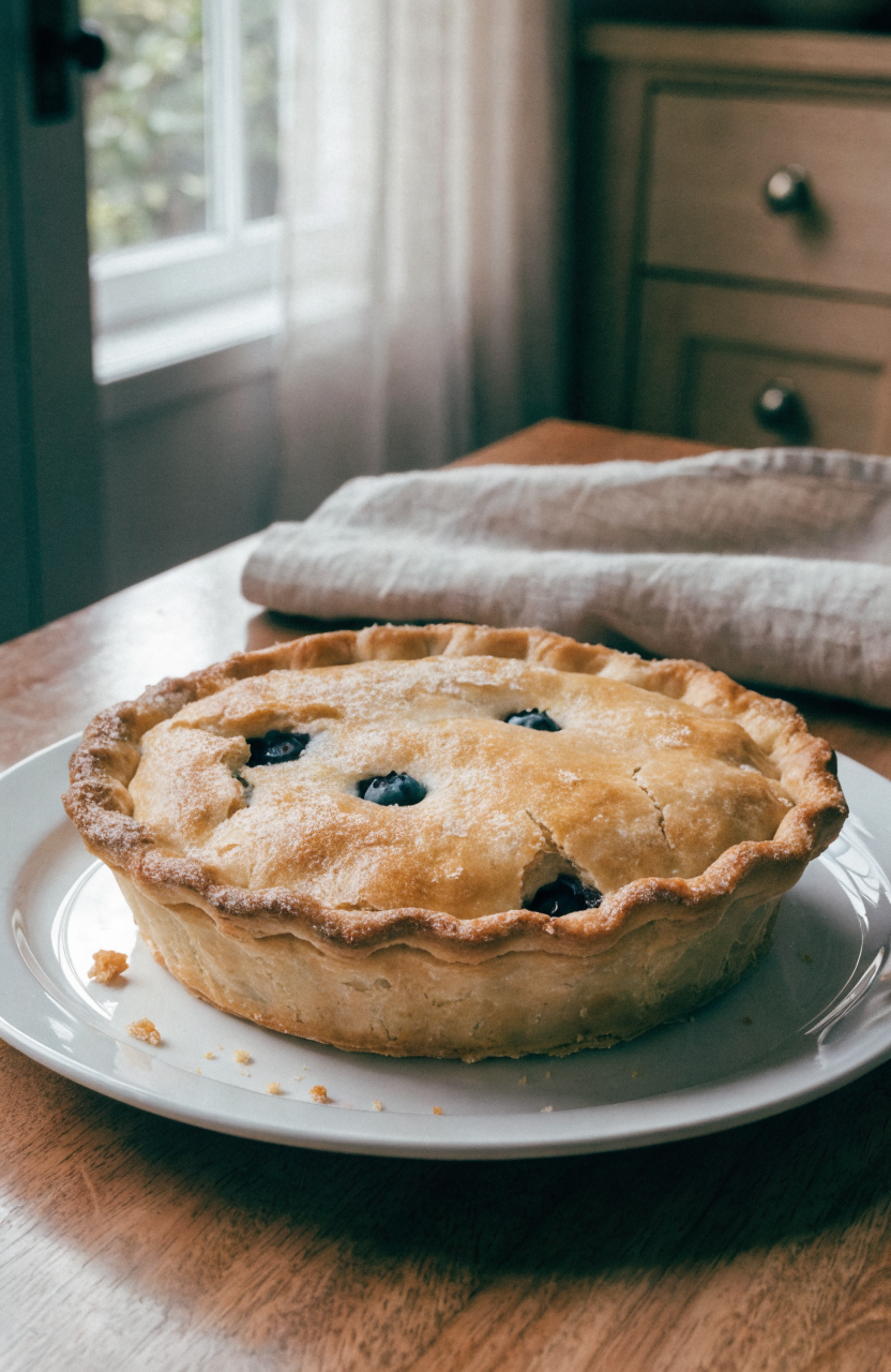 Slice of blueberry pie on a white plate with a flaky golden crust blueberry pie recipe
