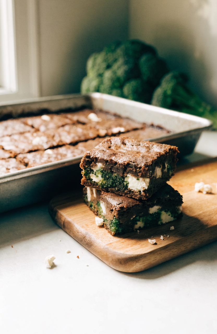 Broccoli and feta brownie bars sliced on a wooden board with lemon zest and crumbled feta, broccoli and baking pan in the background
