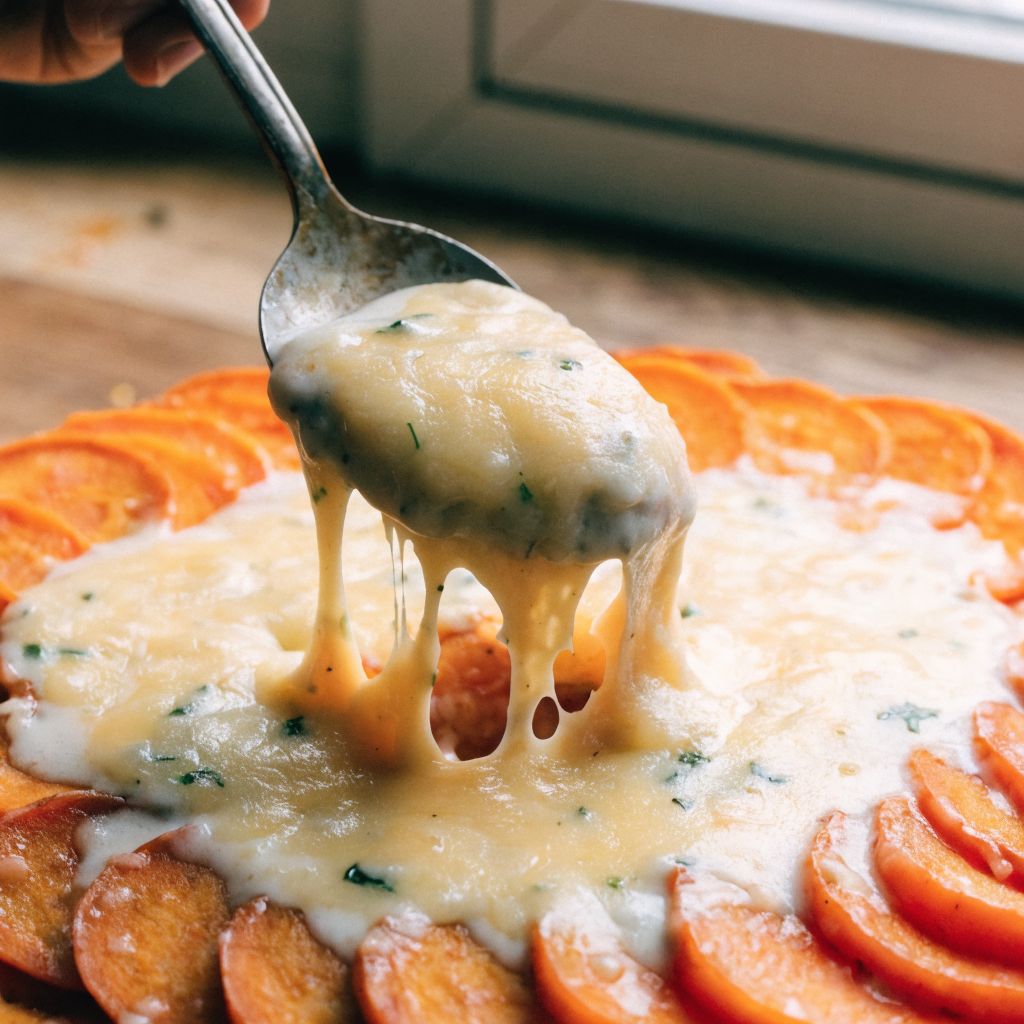 Close-up of chipotle gouda scalloped sweet potatoes