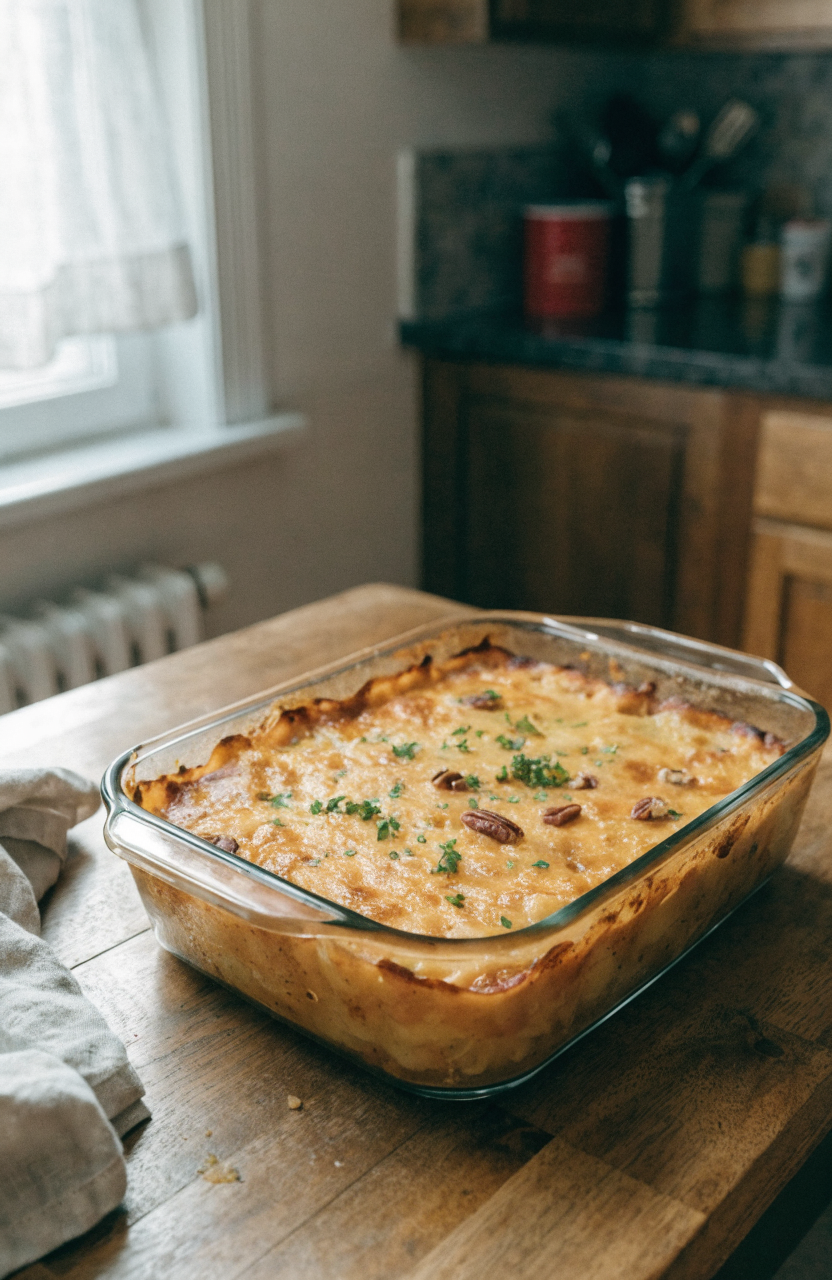 Layered chipotle gouda scalloped sweet potatoes in a 9x13 dish with a browned cheesy top and parsley garnish