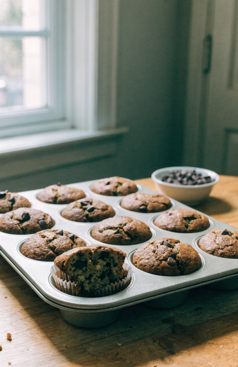 Warm chocolate chip zucchini muffins on a wire rack with a few chocolate chips visible on top