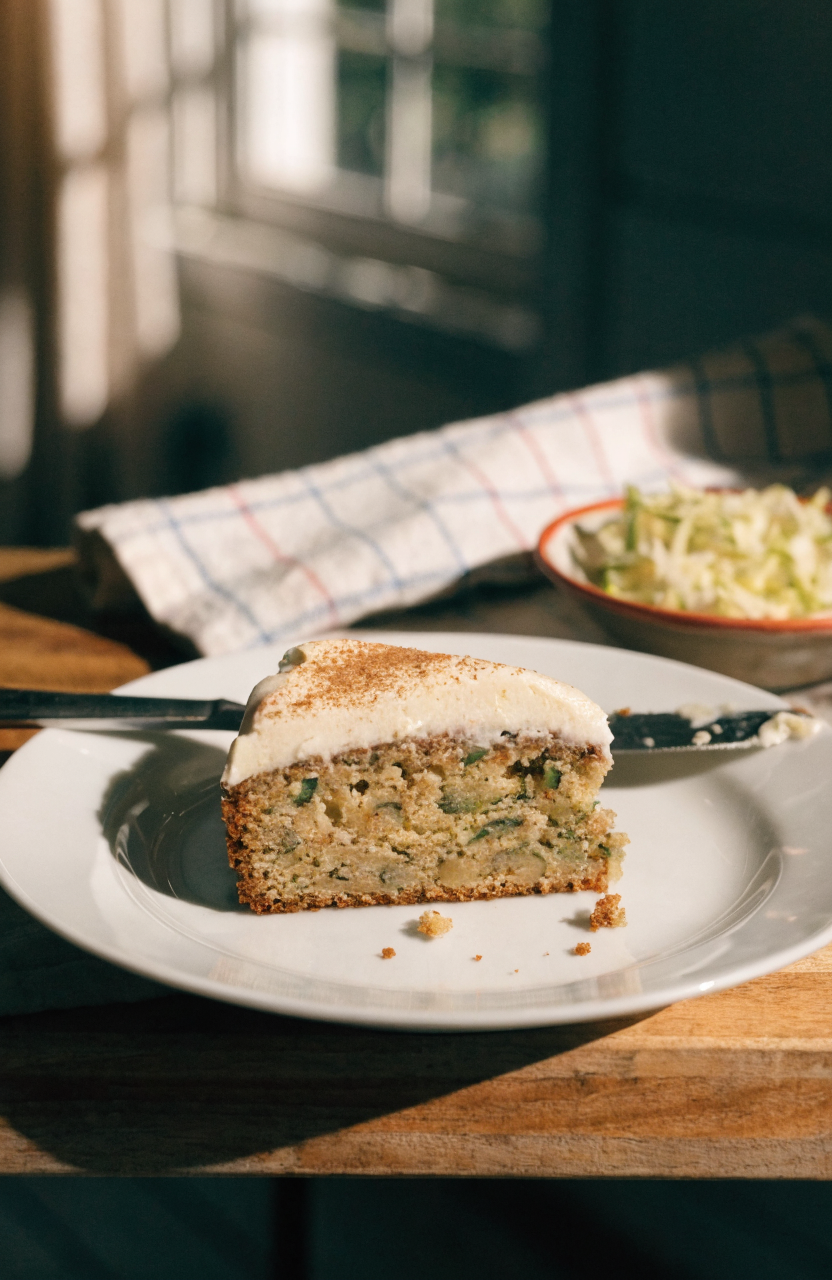 Slice of cinnamon zucchini cake with cream cheese frosting on a white plate showing the moist crumb and cinnamon specks