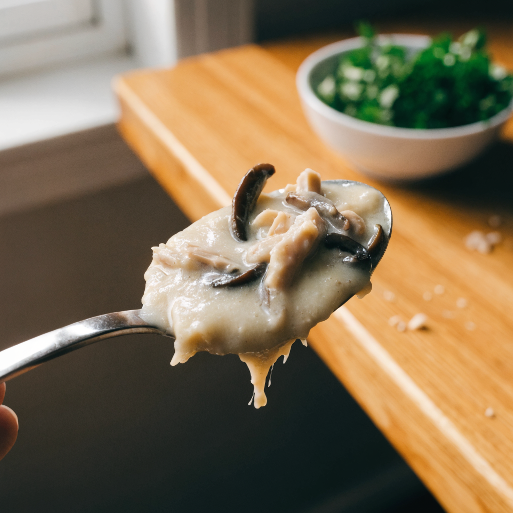 Close-up of creamy chicken and mushroom soup
