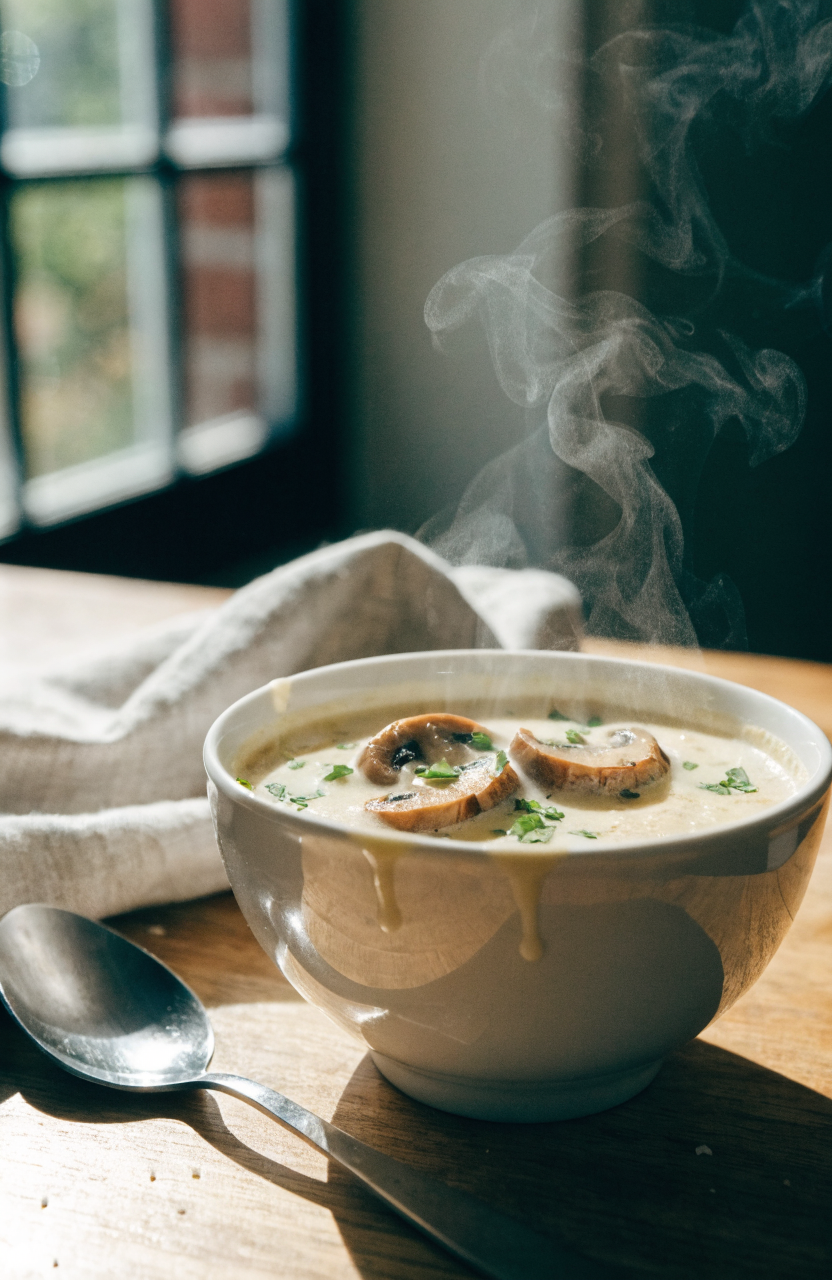 Bowl of creamy chicken and mushroom soup with parsley and sliced mushrooms
