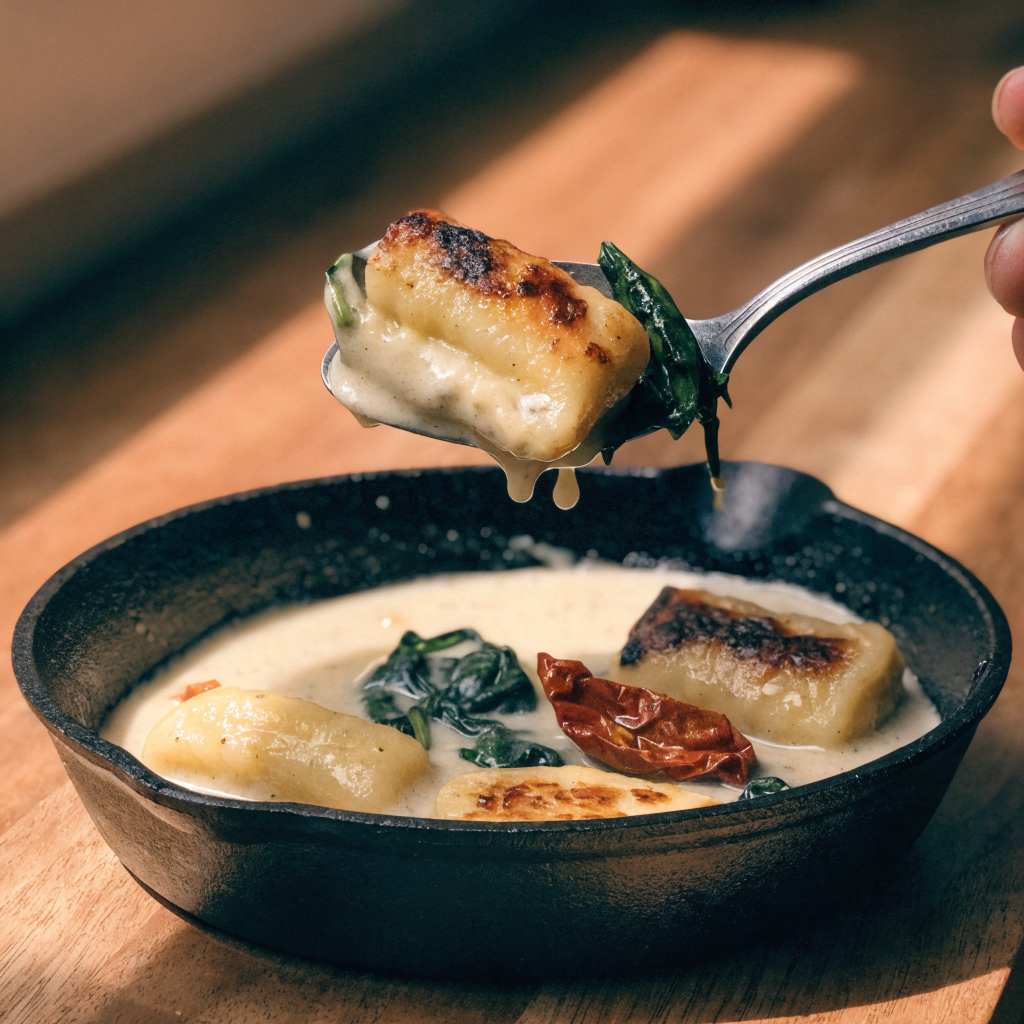 Close-up of creamy tuscan gnocchi skillet
