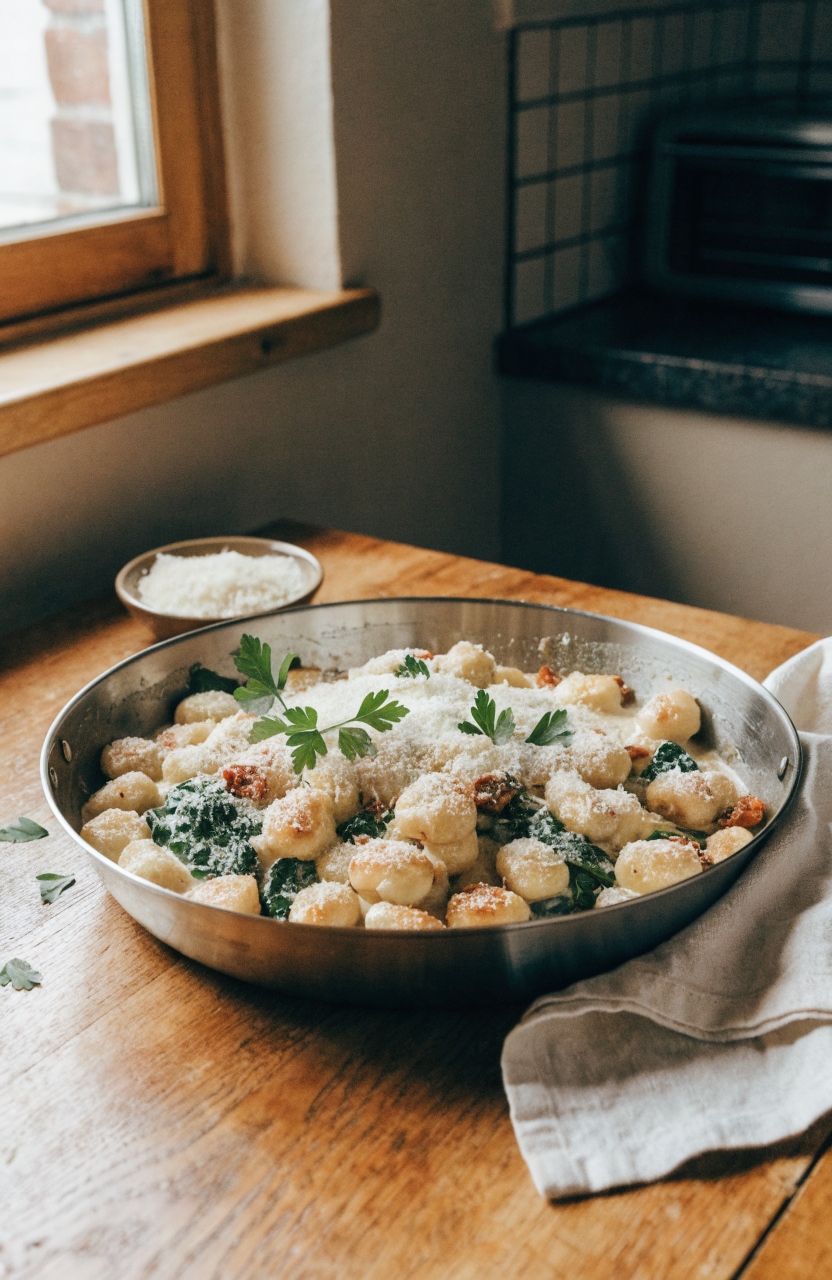Skillet of creamy tuscan gnocchi with spinach and sun-dried tomatoes on a wooden table