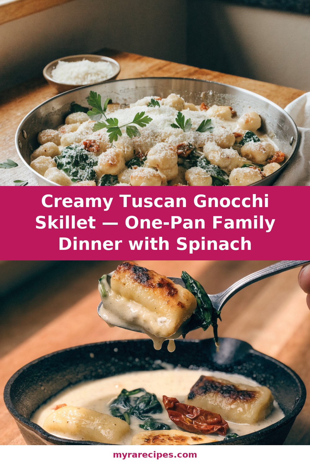 Creamy Tuscan Gnocchi Skillet — One-Pan Family Dinner with Spinach Pinterest recipe pin