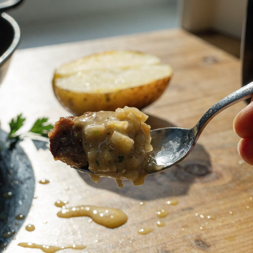 Close-up of slow cooker garlic butter beef bites with potatoes