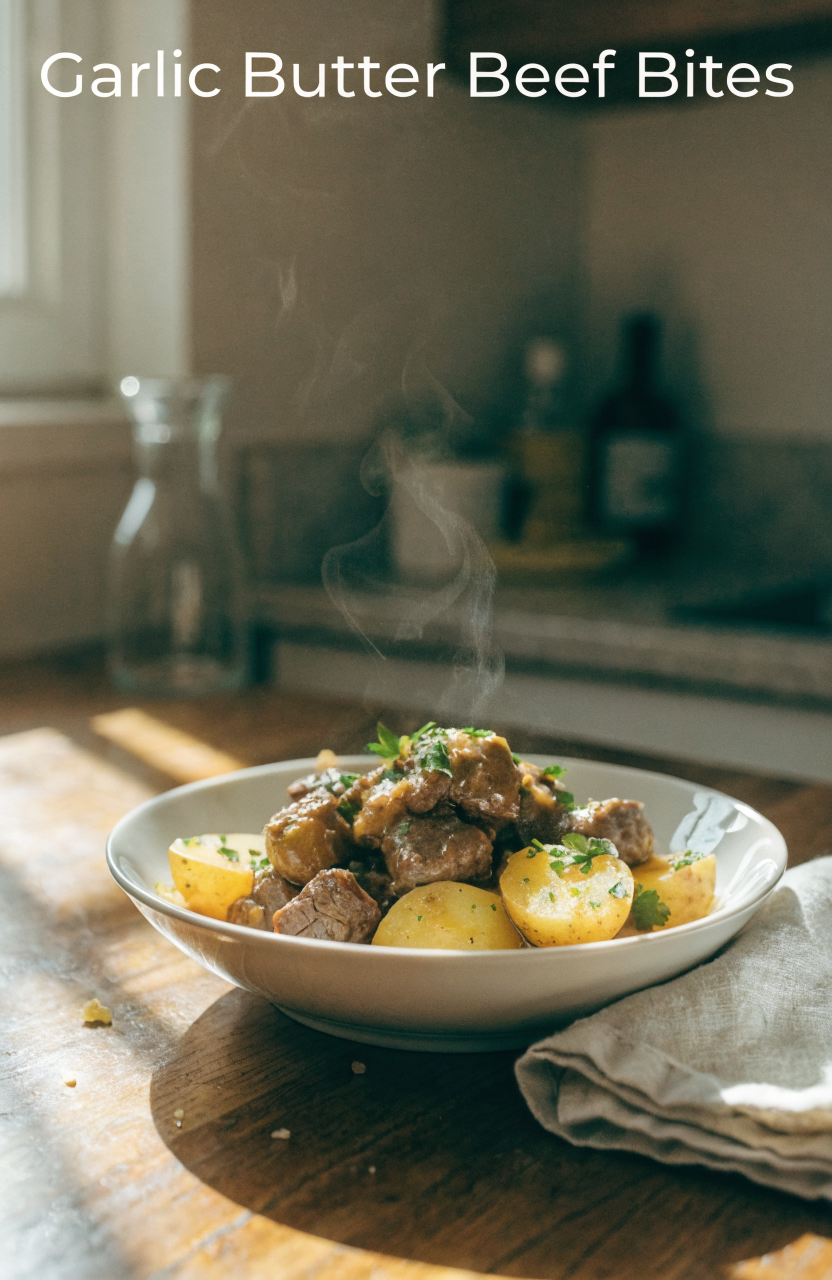 Garlic butter beef bites with potatoes in a shallow bowl, glistening with chopped parsley