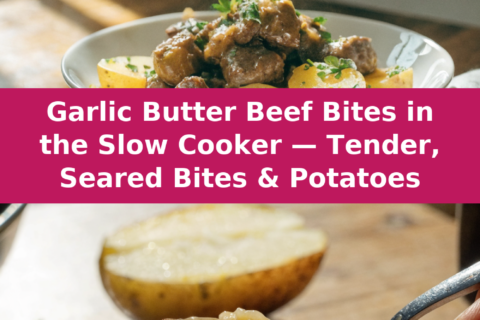 Garlic Butter Beef Bites in the Slow Cooker — Tender, Seared Bites & Potatoes Pinterest recipe pin
