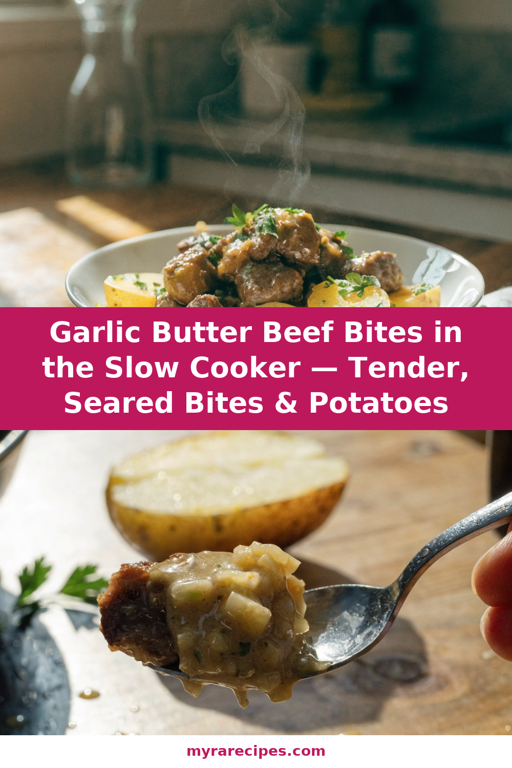 Garlic Butter Beef Bites in the Slow Cooker — Tender, Seared Bites & Potatoes Pinterest recipe pin
