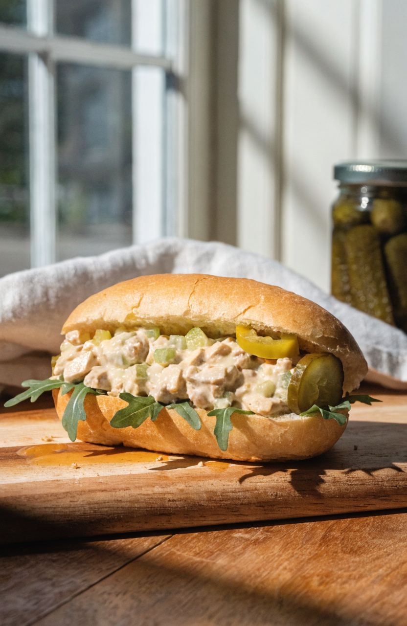 Italian grinder chicken salad piled on an Italian roll with arugula and pickles