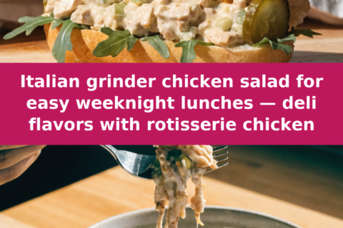 Italian grinder chicken salad for easy weeknight lunches — deli flavors with rotisserie chicken Pinterest recipe pin