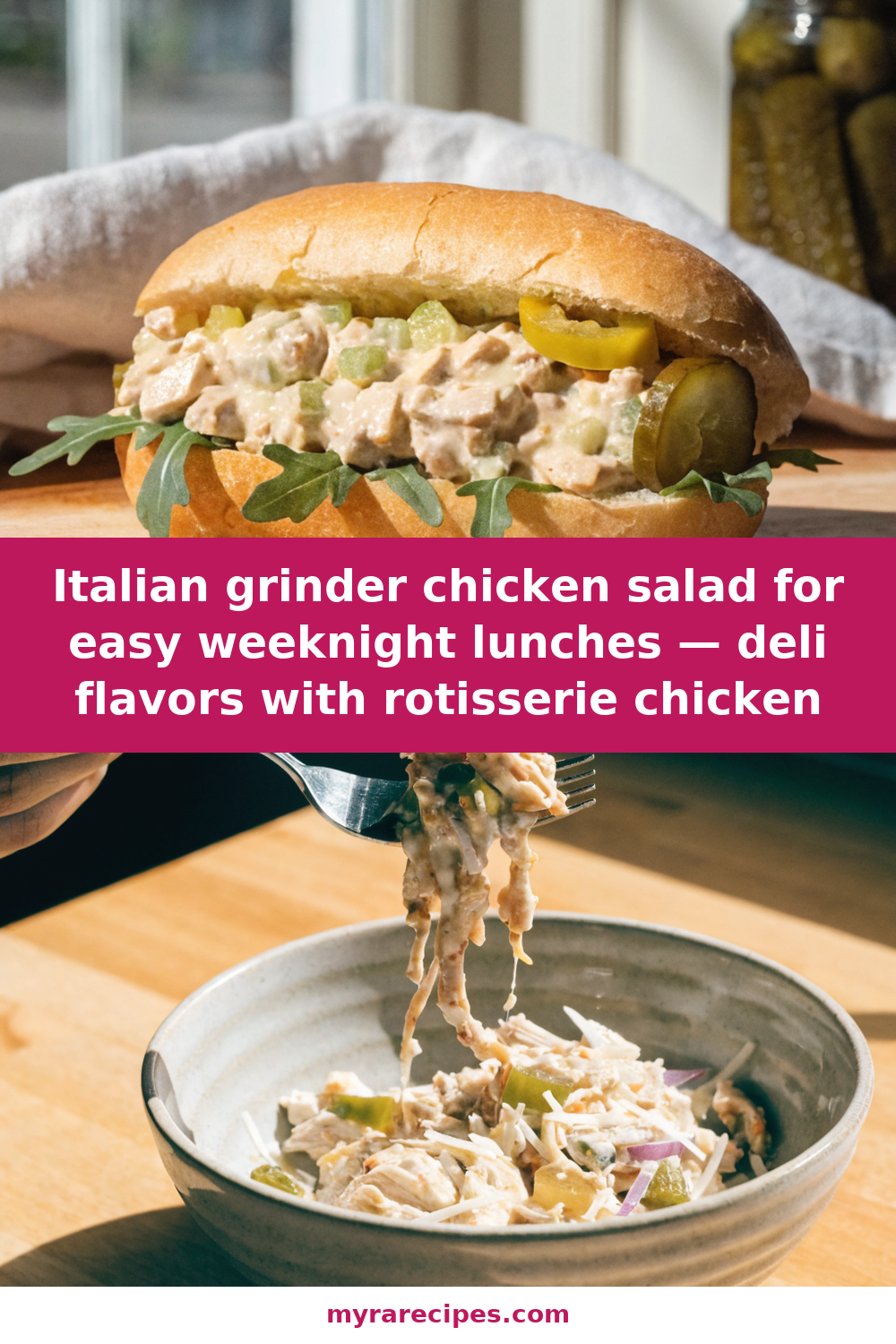 Italian grinder chicken salad for easy weeknight lunches — deli flavors with rotisserie chicken Pinterest recipe pin