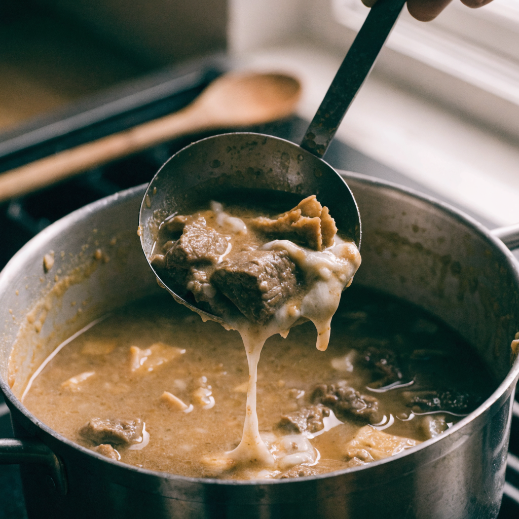 Close-up of hearty lasagna soup with ricotta and mozzarella