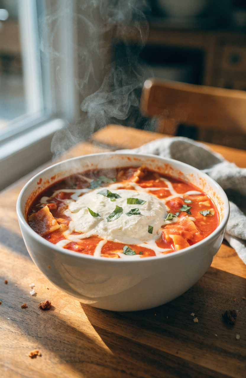 Bowl of steaming lasagna soup with ricotta and melted mozzarella