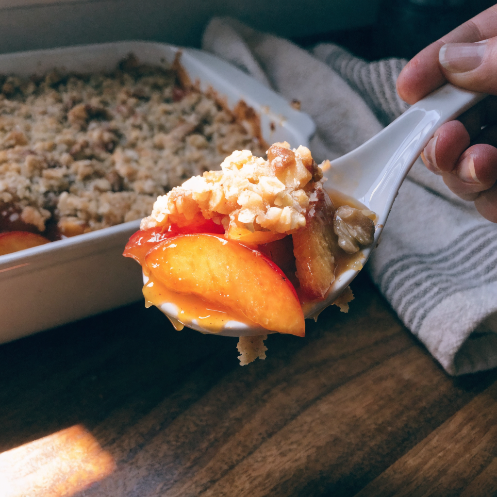 Close-up of simple family peach crisp