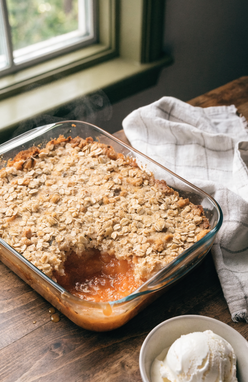 Warm peach crisp with golden oat topping and a scoop of vanilla ice cream on a white plate