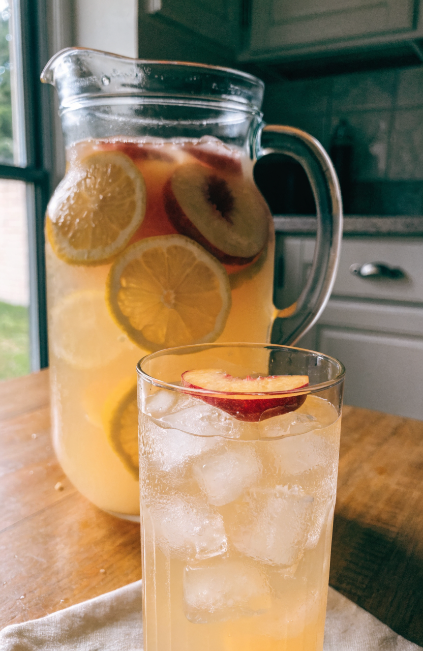 Pitcher of peach lemonade with lemon slices and peach garnish