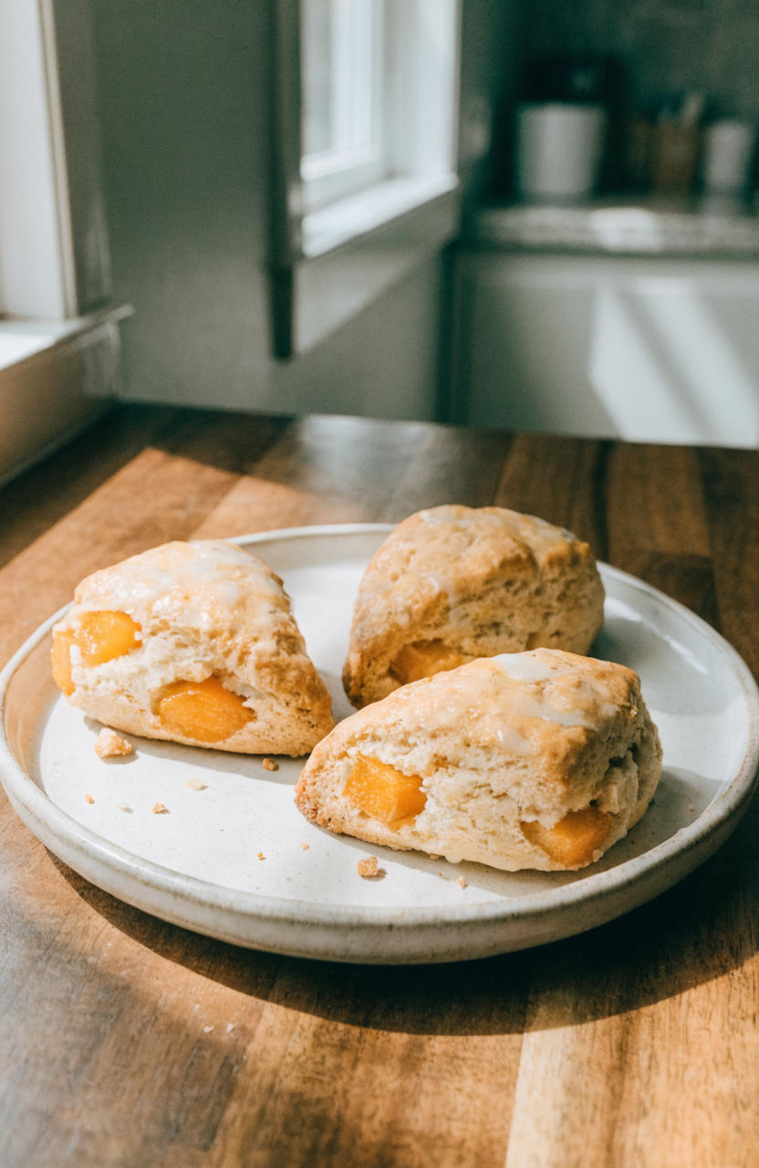 Fresh peach scones on a white plate with a light glaze and a sprig of mint