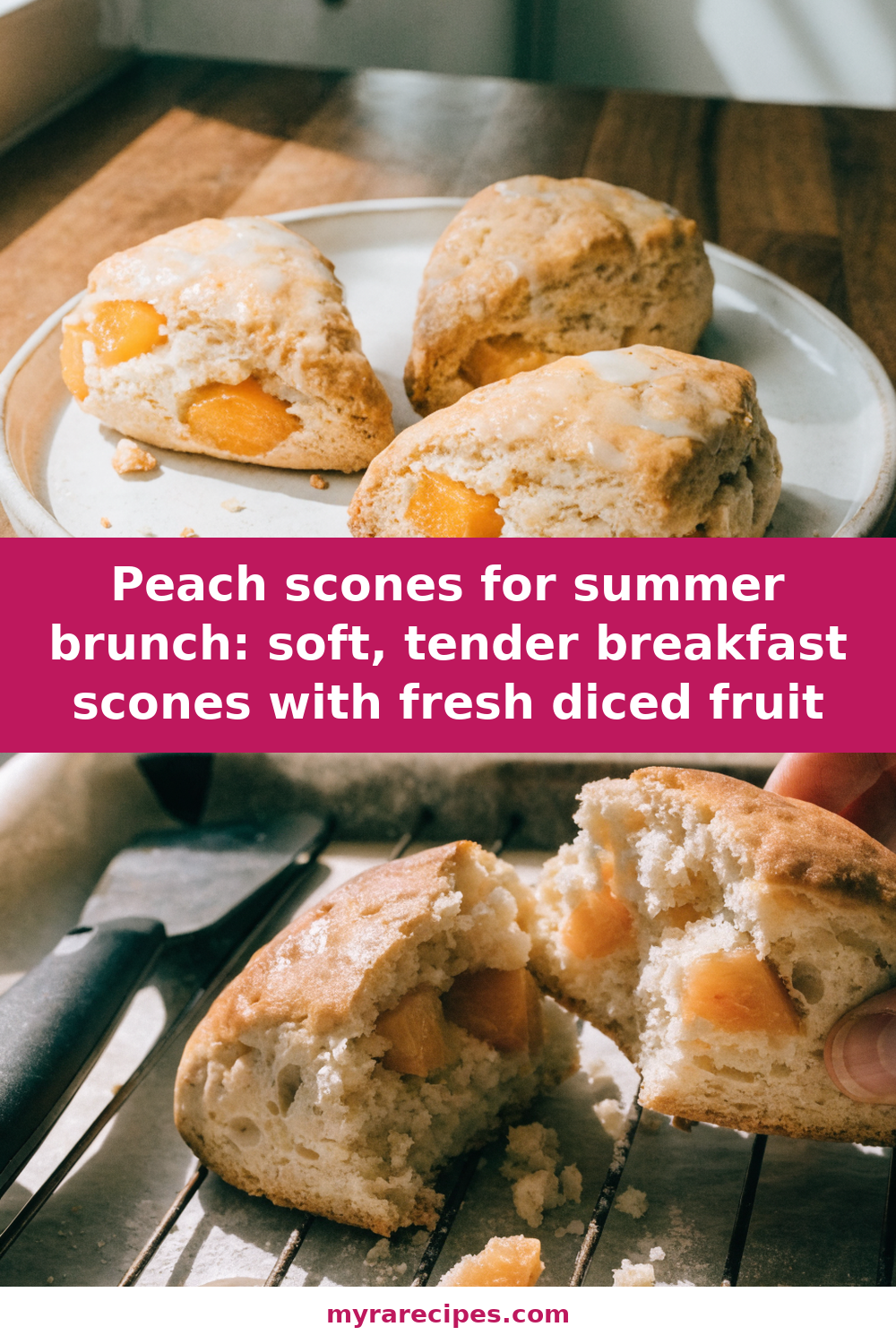 Peach scones for summer brunch: soft, tender breakfast scones with fresh diced fruit Pinterest recipe pin