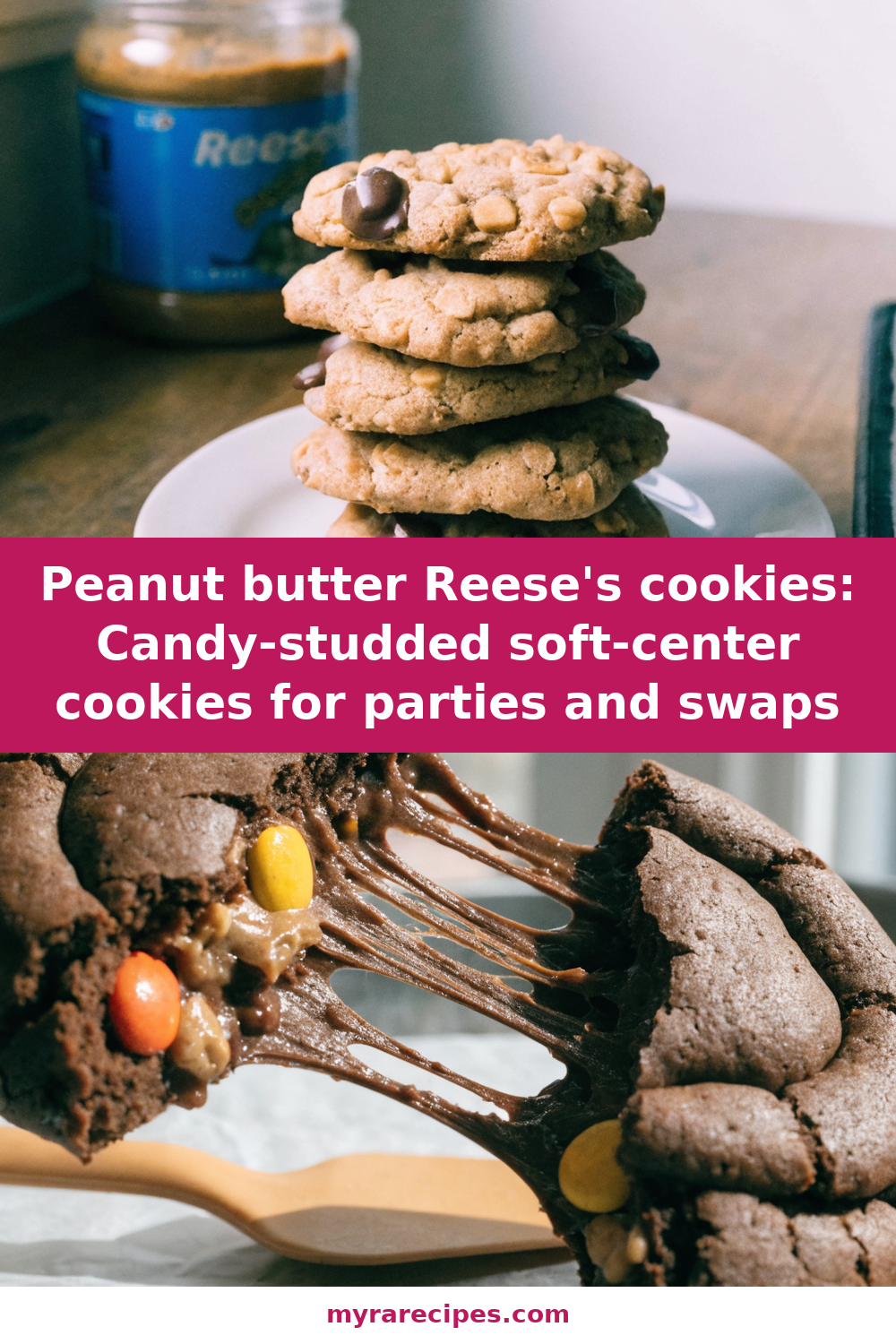 Peanut butter Reese's cookies: Candy-studded soft-center cookies for parties and swaps Pinterest recipe pin