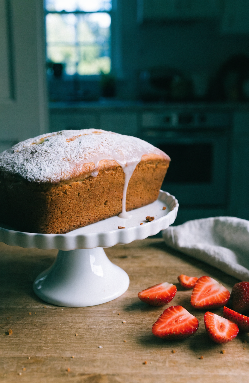 Slice of strawberry pound cake on a white plate with glaze and fresh strawberry garnish
