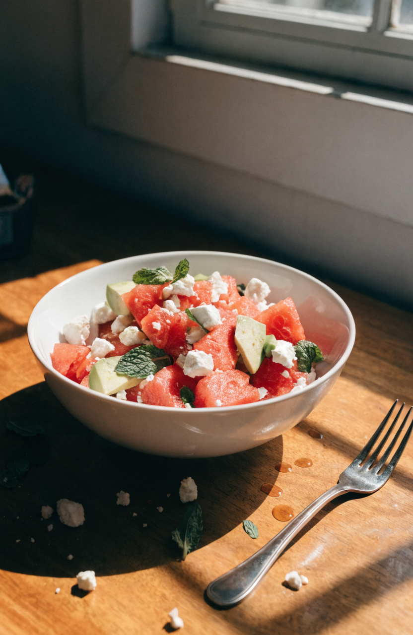 Watermelon avocado salad with feta and mint in a large bowl with lime wedge and torn mint