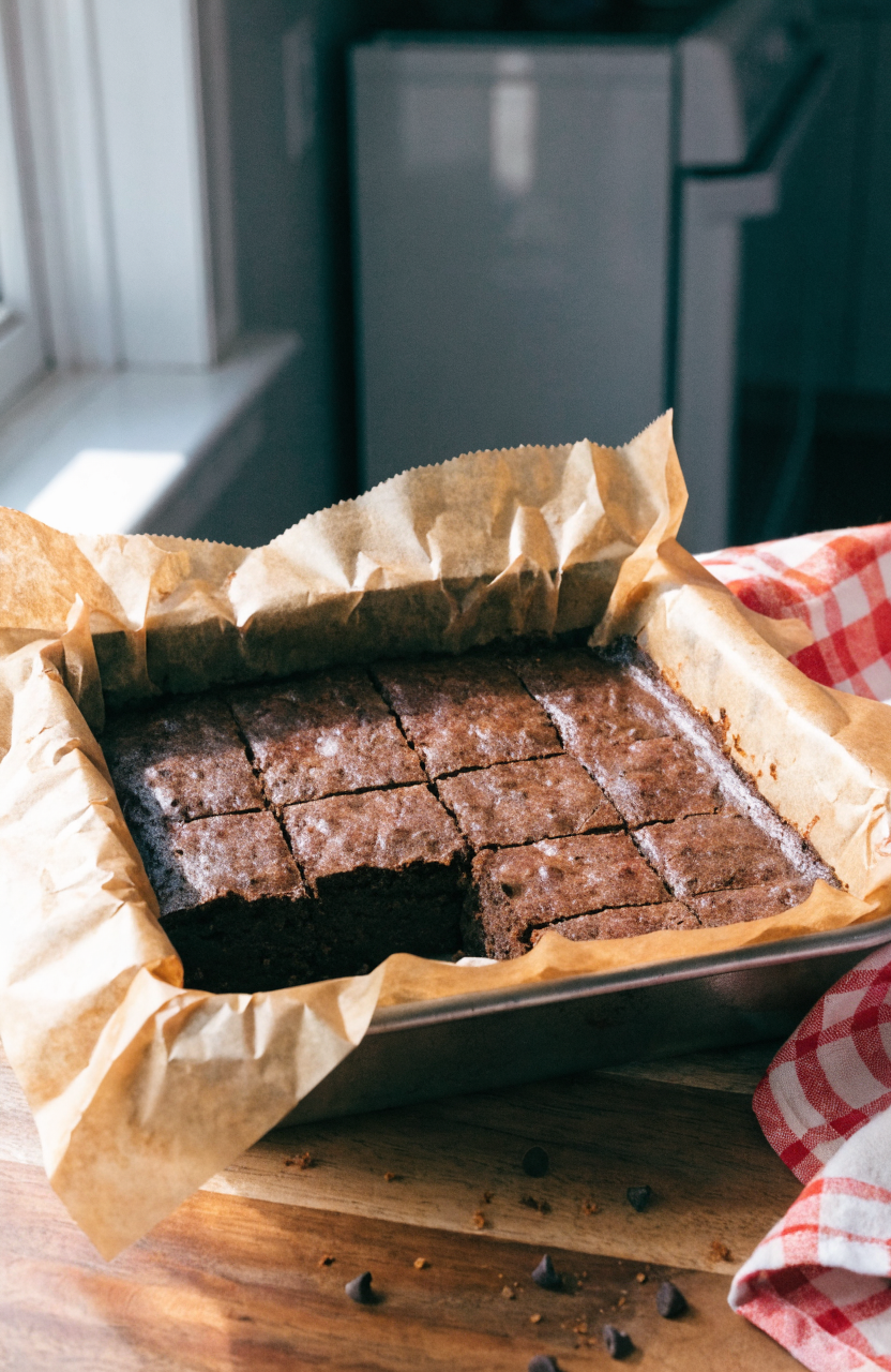 Fudgy zucchini brownies on a parchment-lined pan with a sprig of mint, sliced
