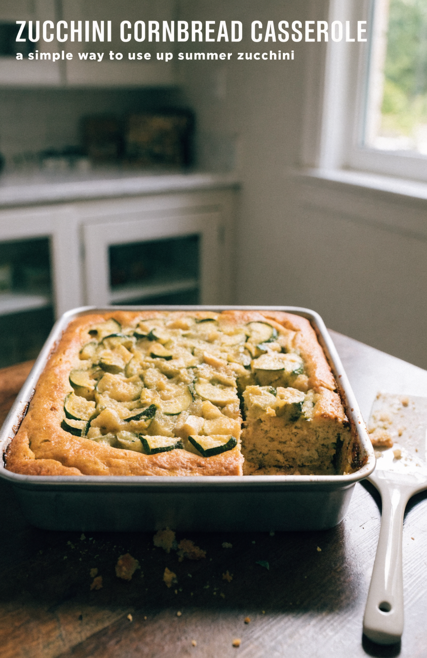 Slice of zucchini cornbread casserole on a white plate showing cornbread base and set zucchini topping