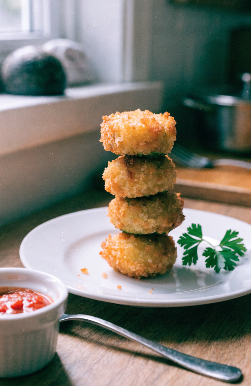 A stack of zucchini garlic bites on a white plate with marinara and parsley, browned and ready to serve