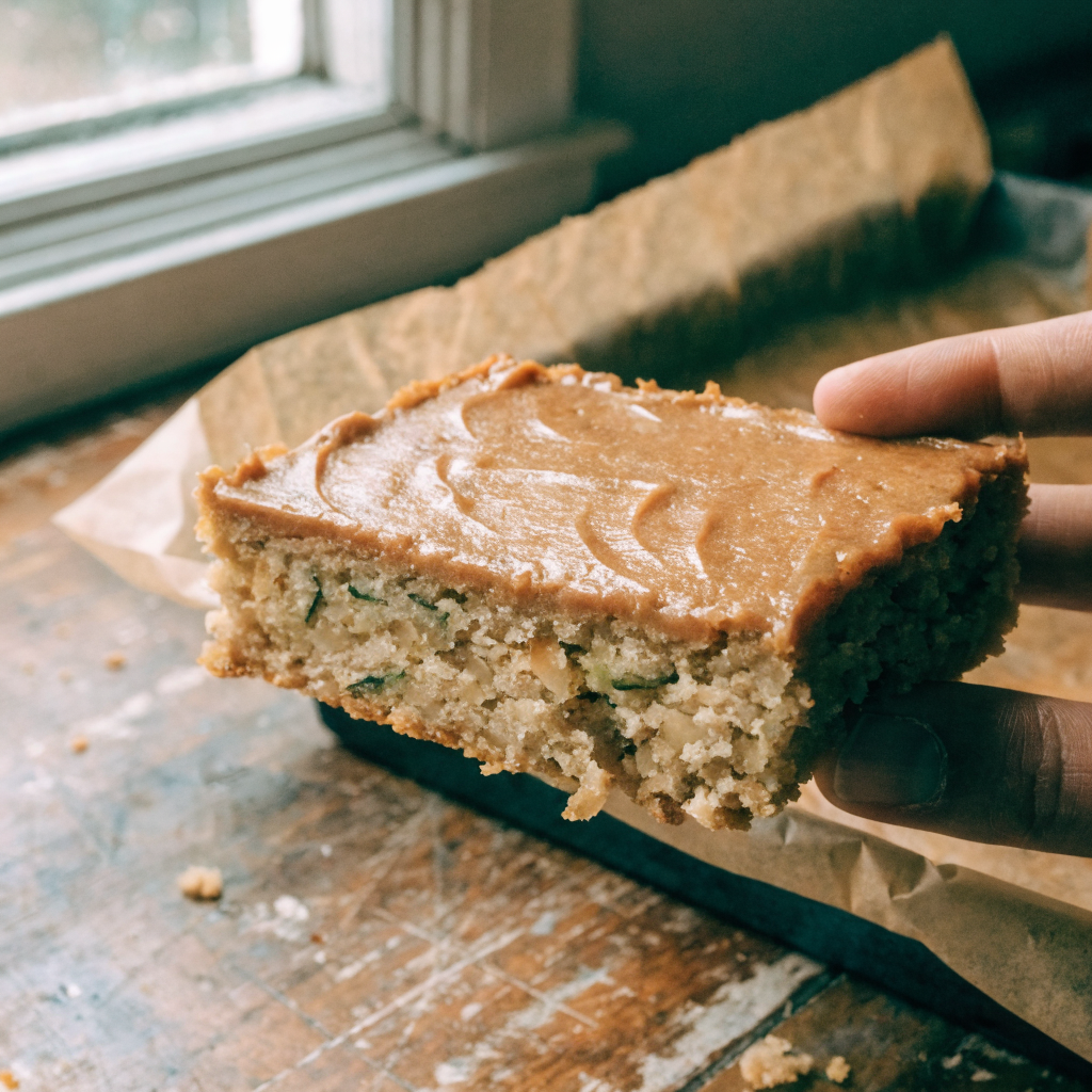 Close-up of zucchini pecan bars with caramel-style frosting
