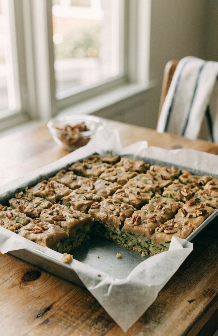 Tray of sliced zucchini pecan bars with caramel-style frosting and chopped pecans