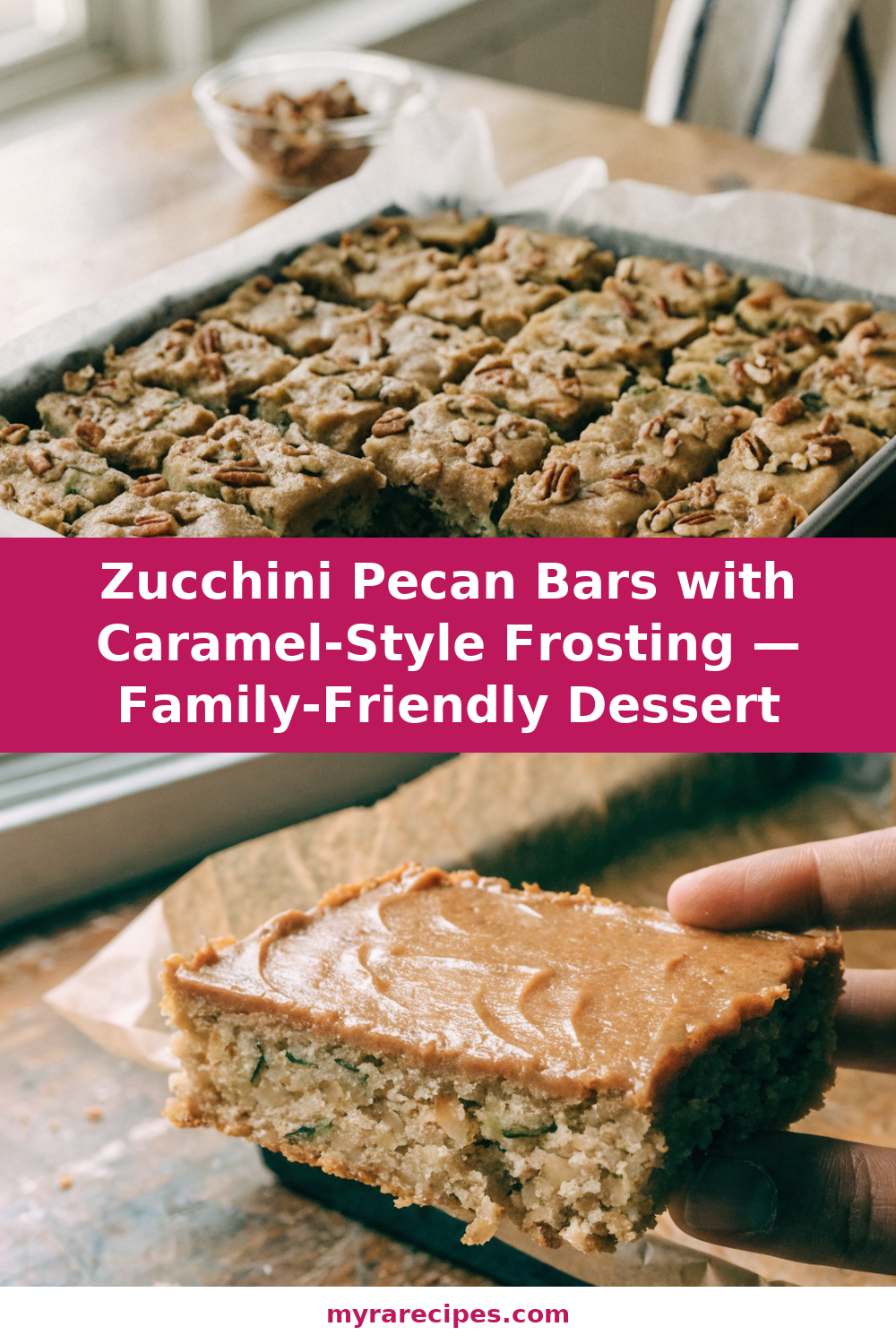 Zucchini Pecan Bars with Caramel-Style Frosting — Family-Friendly Dessert Pinterest recipe pin